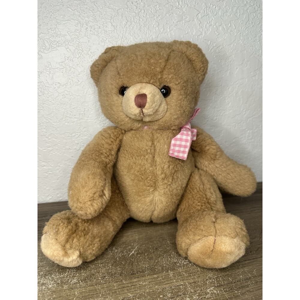 Russ Berrie Plush Bubby Teddy Bear Brown Pink Bow Sitting Checkered Gingham 9”